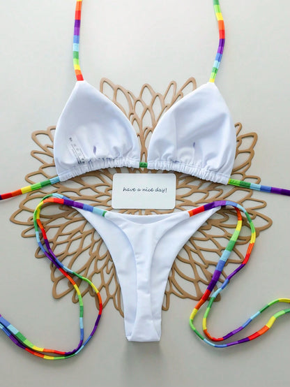 2pcs Rainbow Striped Sexy Backless Tie-Back Swimwear, Fashionable Bikini Set For Beach, Stage And Concert, Spring/Summer Vacation White