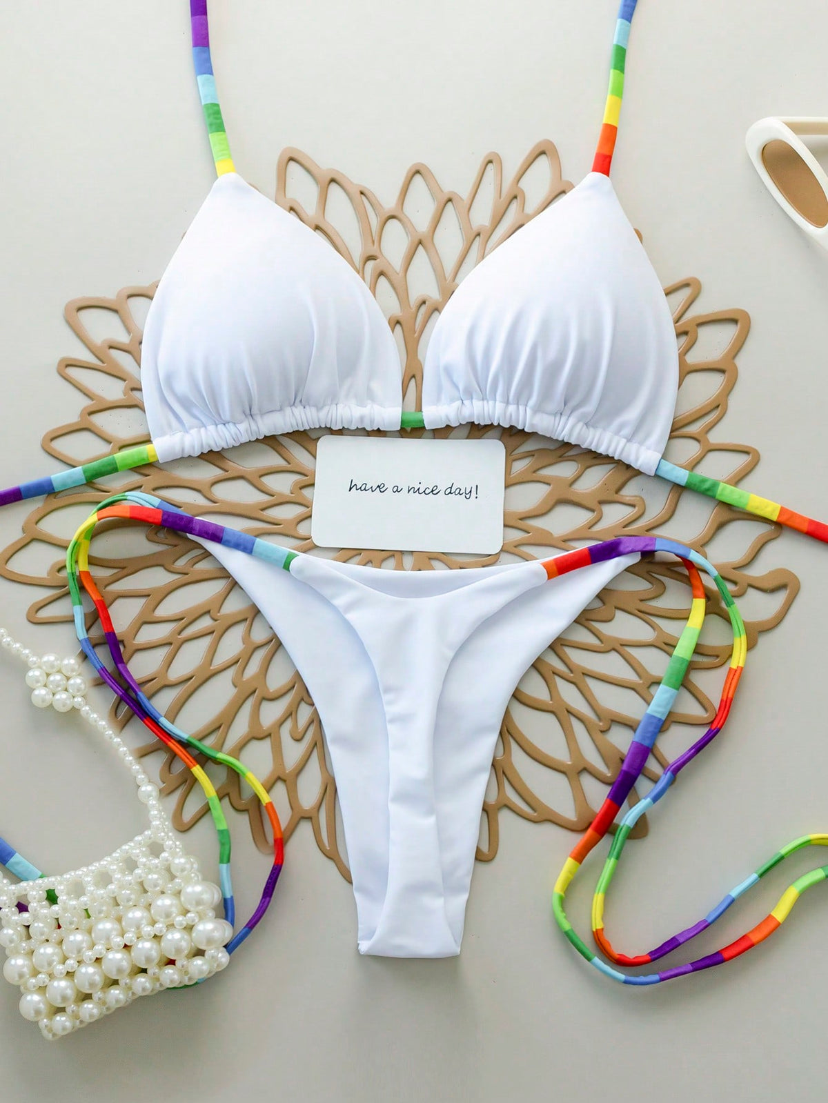 2pcs Rainbow Striped Sexy Backless Tie-Back Swimwear, Fashionable Bikini Set For Beach, Stage And Concert, Spring/Summer Vacation White