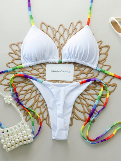 2pcs Rainbow Striped Sexy Backless Tie-Back Swimwear, Fashionable Bikini Set For Beach, Stage And Concert, Spring/Summer Vacation White