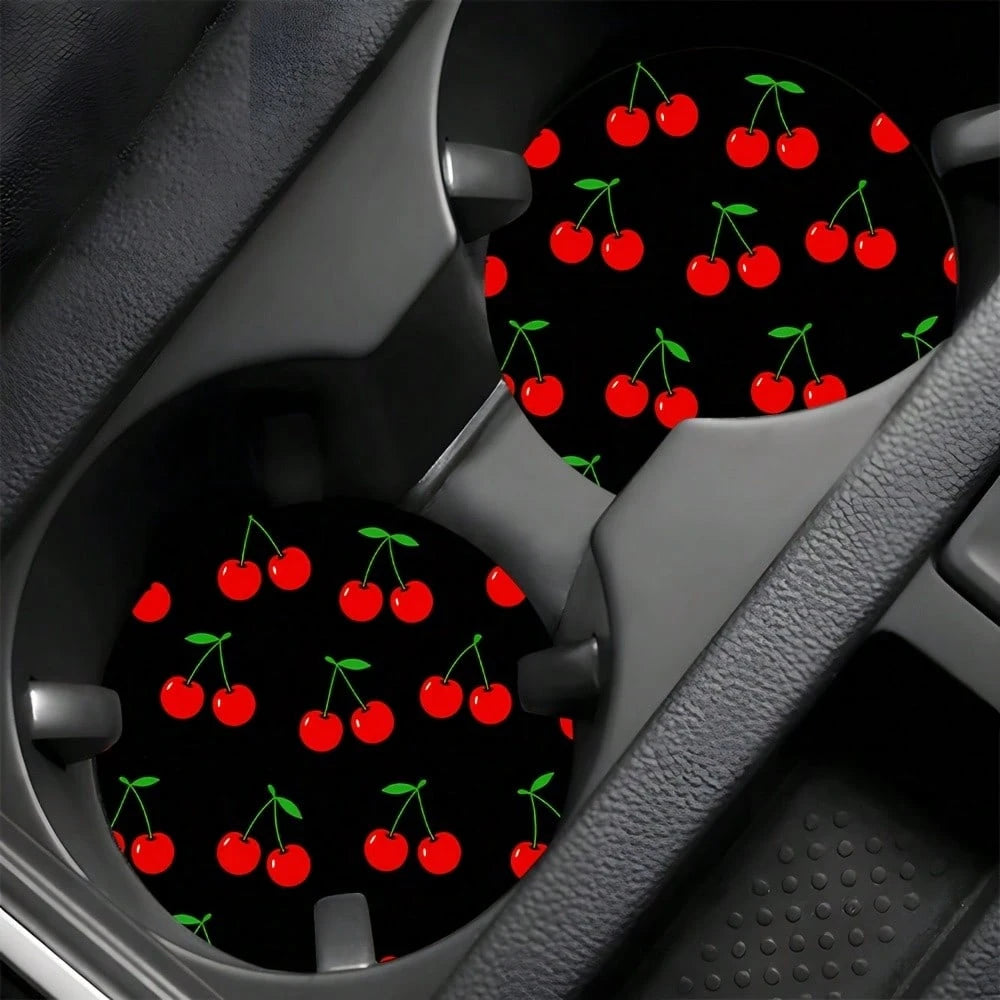 2pcs Red Cherry Black Background Pattern Theme Car Cup Holder, Non-Slip Heat-Insulating, Universal Car Cup Holder, Perfect Gift For Car Enthusiasts