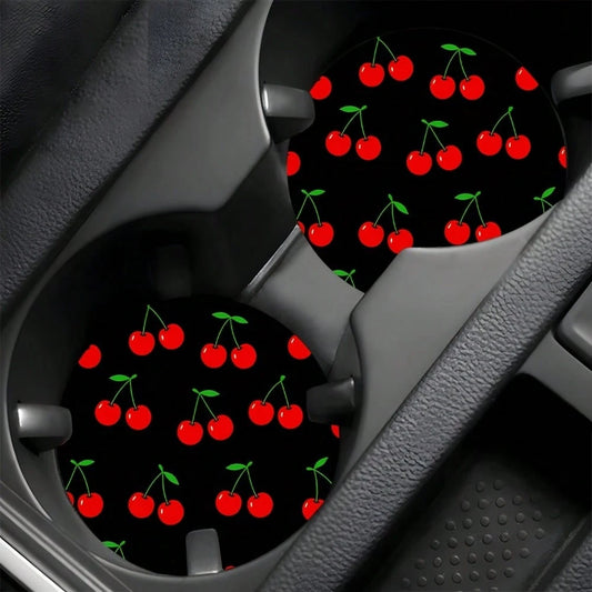 2pcs Red Cherry Black Background Pattern Theme Car Cup Holder, Non-Slip Heat-Insulating, Universal Car Cup Holder, Perfect Gift For Car Enthusiasts