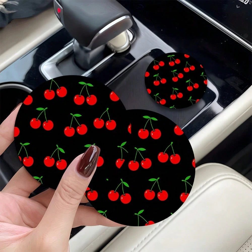 2pcs Red Cherry Black Background Pattern Theme Car Cup Holder, Non-Slip Heat-Insulating, Universal Car Cup Holder, Perfect Gift For Car Enthusiasts