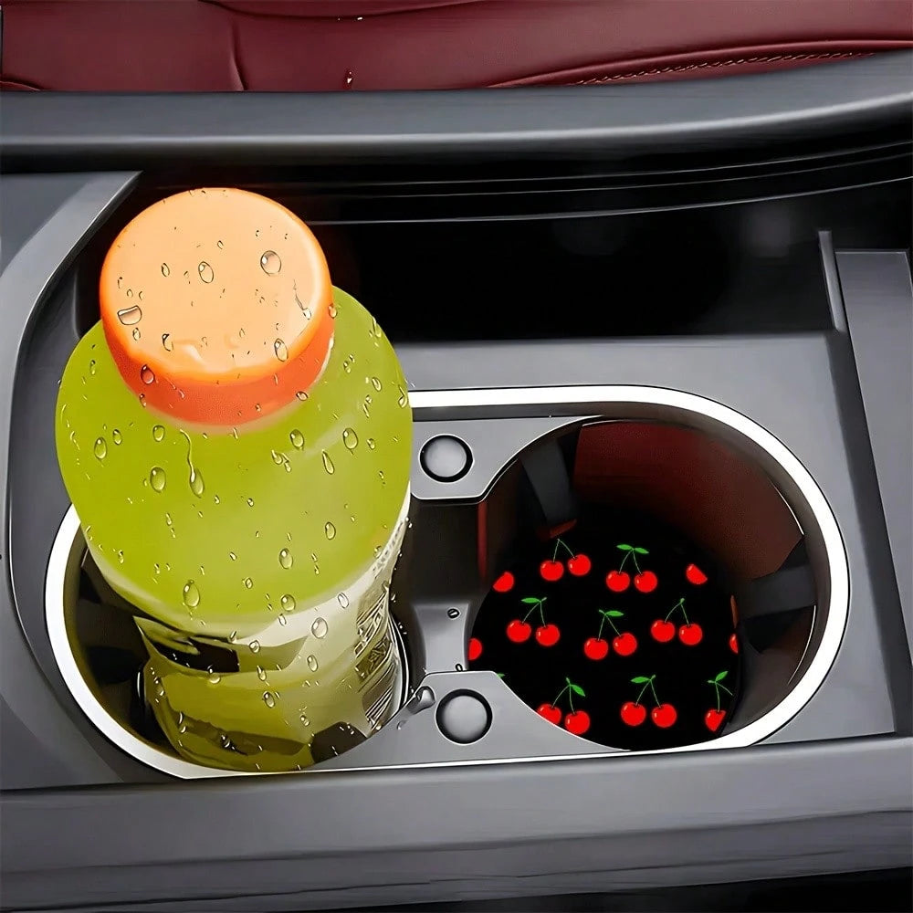 2pcs Red Cherry Black Background Pattern Theme Car Cup Holder, Non-Slip Heat-Insulating, Universal Car Cup Holder, Perfect Gift For Car Enthusiasts
