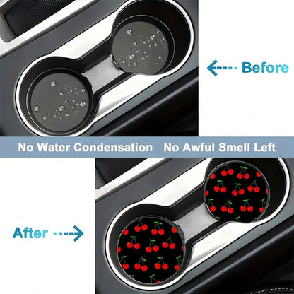 2pcs Red Cherry Black Background Pattern Theme Car Cup Holder, Non-Slip Heat-Insulating, Universal Car Cup Holder, Perfect Gift For Car Enthusiasts