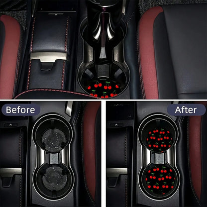 2pcs Red Cherry Black Background Pattern Theme Car Cup Holder, Non-Slip Heat-Insulating, Universal Car Cup Holder, Perfect Gift For Car Enthusiasts