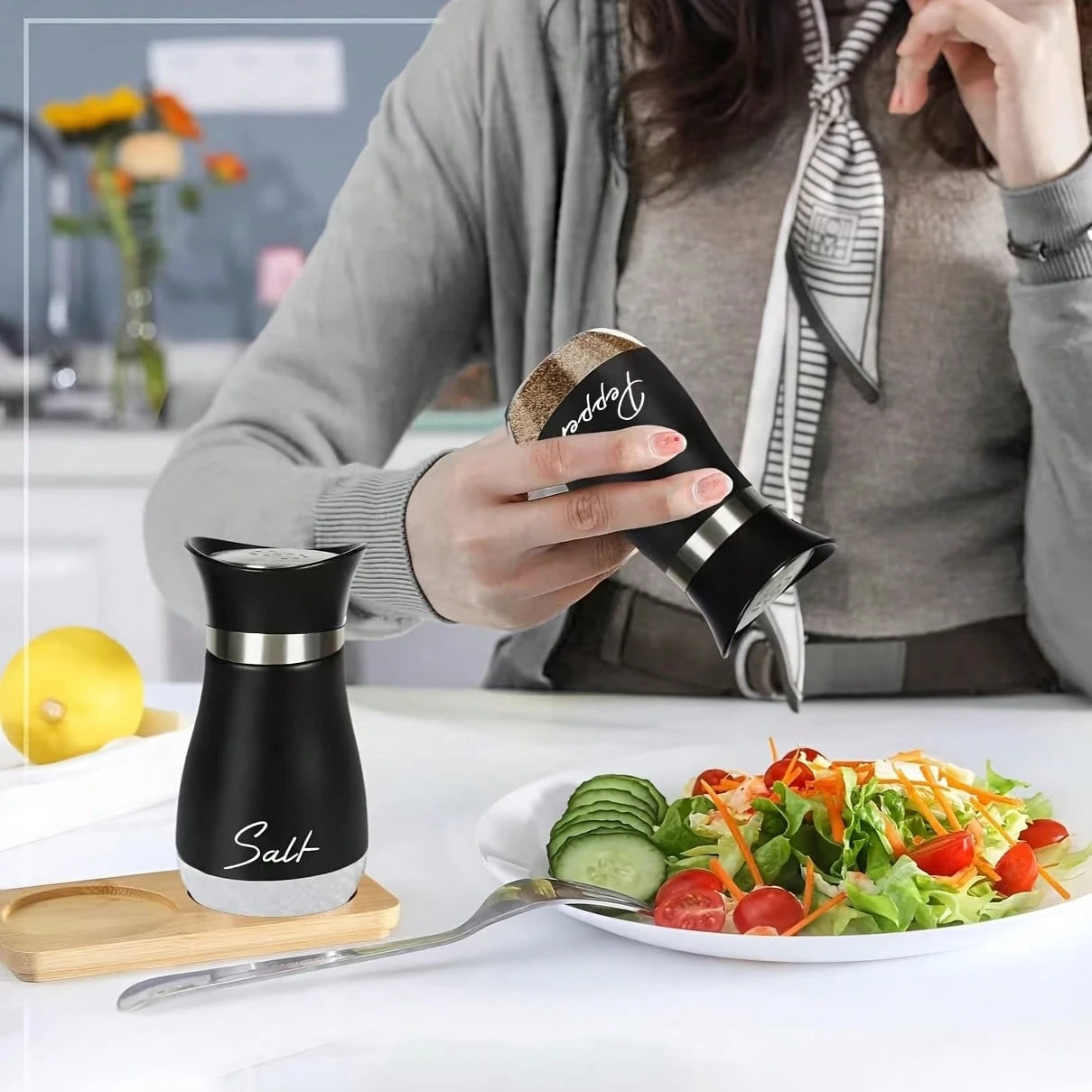 2Pcs Refillable Salt & Pepper Shakers Set- Stainless Steel & Glass Seasoning Dispensers With Labeled "Salt/Pepper"- Moisture-Proof, Elegant Kitchen Storage For Home, BBQ & Dining