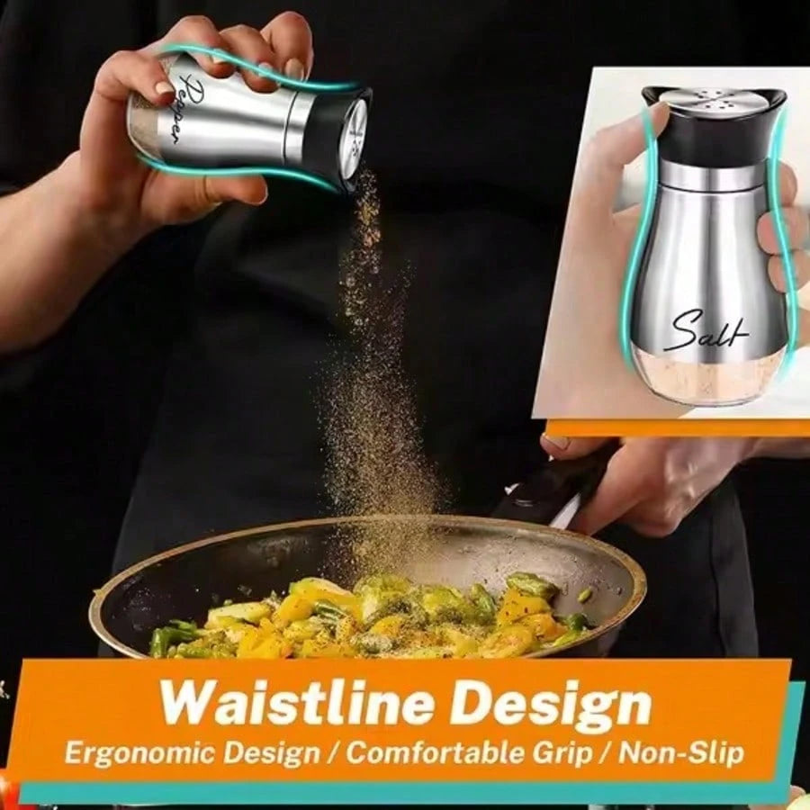 2Pcs Refillable Salt & Pepper Shakers Set- Stainless Steel & Glass Seasoning Dispensers With Labeled "Salt/Pepper"- Moisture-Proof, Elegant Kitchen Storage For Home, BBQ & Dining