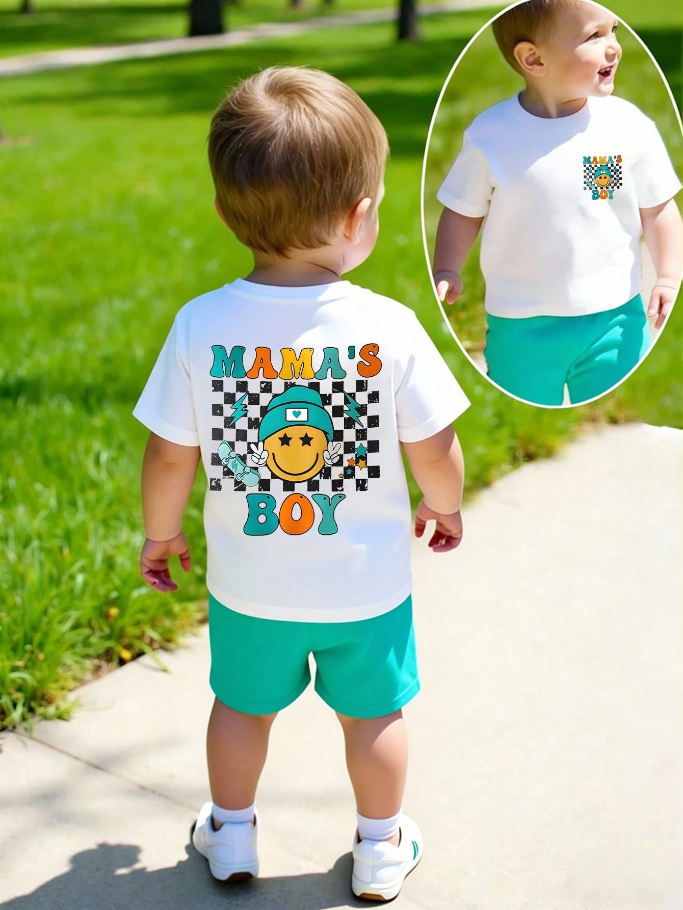 2pcs/Set Baby Boy Casual Cute Cartoon Face & Checkerboard "MAMA'S BOY" Print Short Sleeve T-Shirt And Shorts Set, Summer Outfits