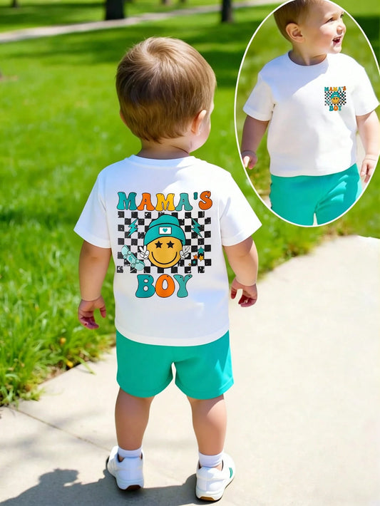 2pcs/Set Baby Boy Casual Cute Cartoon Face & Checkerboard "MAMA'S BOY" Print Short Sleeve T-Shirt And Shorts Set, Summer Outfits