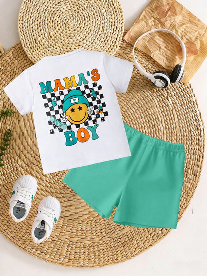 2pcs/Set Baby Boy Casual Cute Cartoon Face & Checkerboard "MAMA'S BOY" Print Short Sleeve T-Shirt And Shorts Set, Summer Outfits