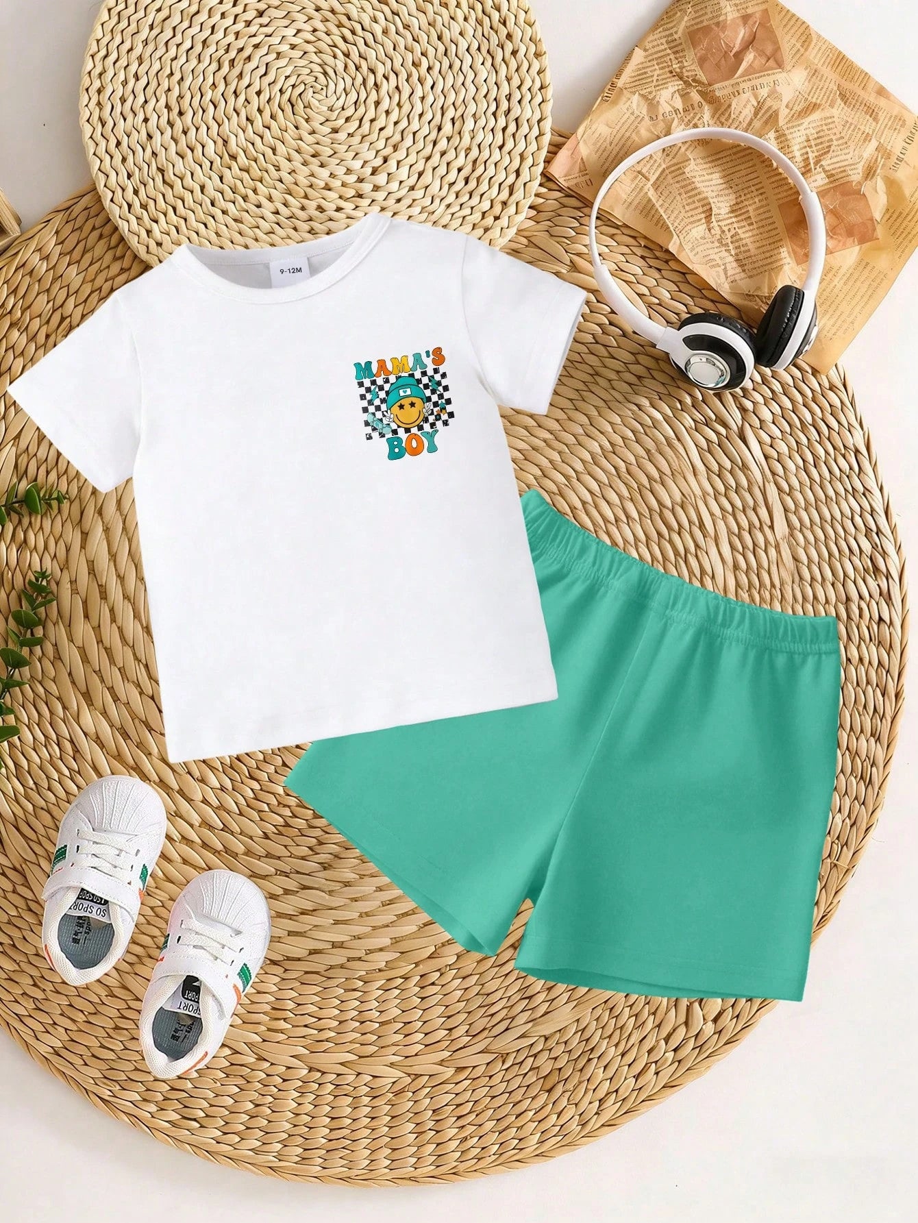 2pcs/Set Baby Boy Casual Cute Cartoon Face & Checkerboard "MAMA'S BOY" Print Short Sleeve T-Shirt And Shorts Set, Summer Outfits