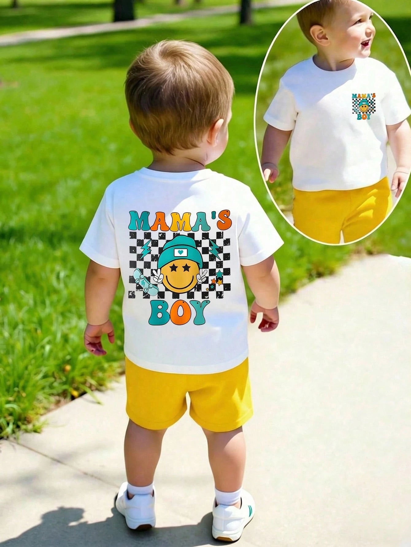 2pcs/Set Baby Boy Casual Cute Cartoon Face & Checkerboard "MAMA'S BOY" Print Short Sleeve T-Shirt And Shorts Set, Summer Outfits