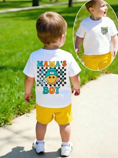 2pcs/Set Baby Boy Casual Cute Cartoon Face & Checkerboard "MAMA'S BOY" Print Short Sleeve T-Shirt And Shorts Set, Summer Outfits