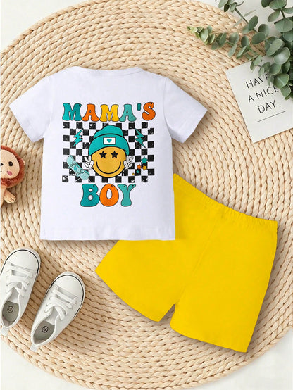 2pcs/Set Baby Boy Casual Cute Cartoon Face & Checkerboard "MAMA'S BOY" Print Short Sleeve T-Shirt And Shorts Set, Summer Outfits