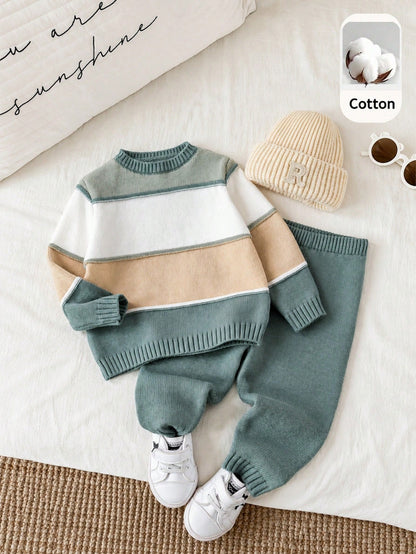 2pcs/Set Baby Boy/Girl Green And White Striped Sweater Top&Pants Outfit,Autumn Modest Matching Family Casual Dropped Shoulder Ribbed Cuff Clothes