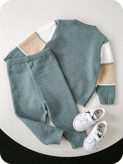 2pcs/Set Baby Boy/Girl Green And White Striped Sweater Top&Pants Outfit,Autumn Modest Matching Family Casual Dropped Shoulder Ribbed Cuff Clothes