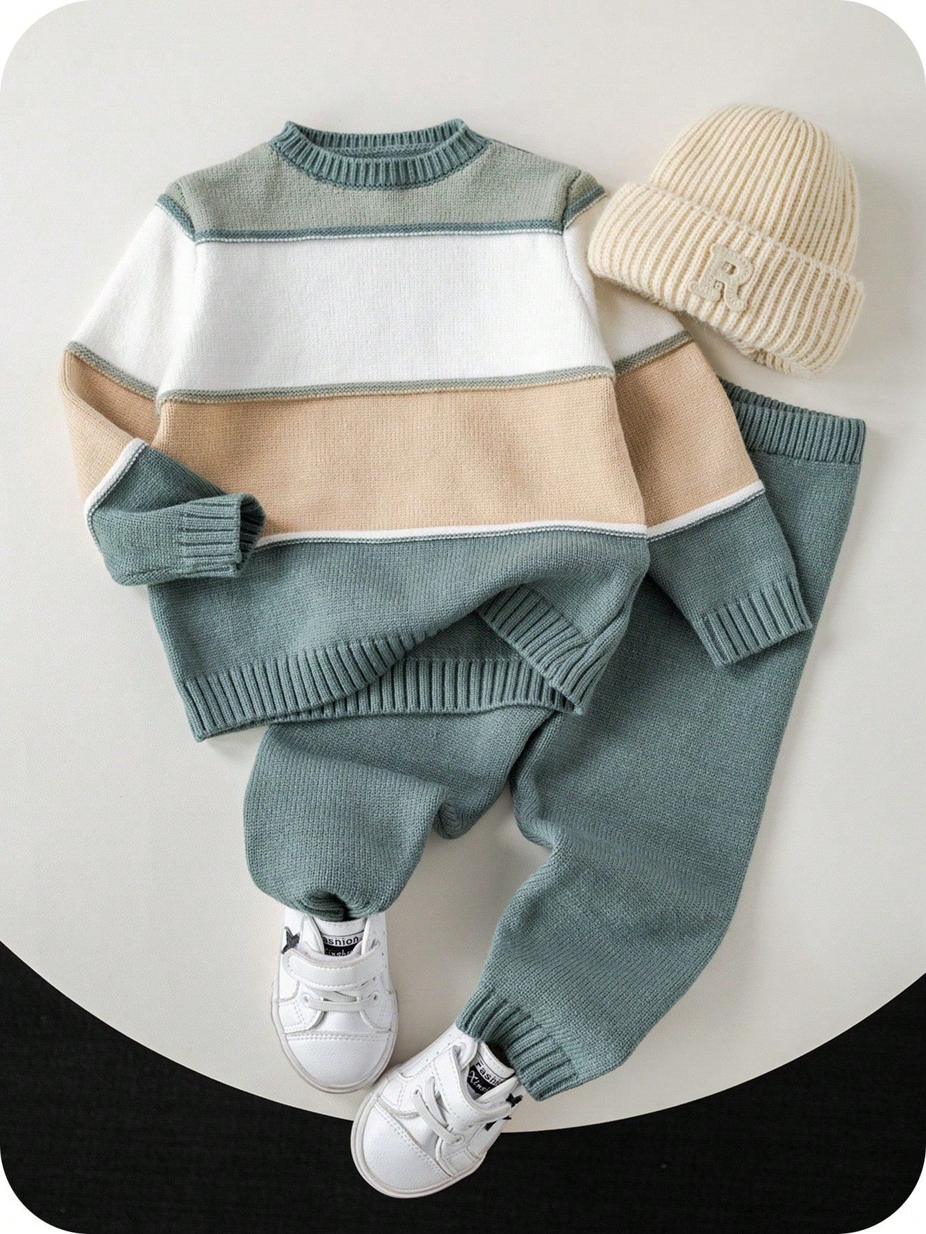 2pcs/Set Baby Boy/Girl Green And White Striped Sweater Top&Pants Outfit,Autumn Modest Matching Family Casual Dropped Shoulder Ribbed Cuff Clothes