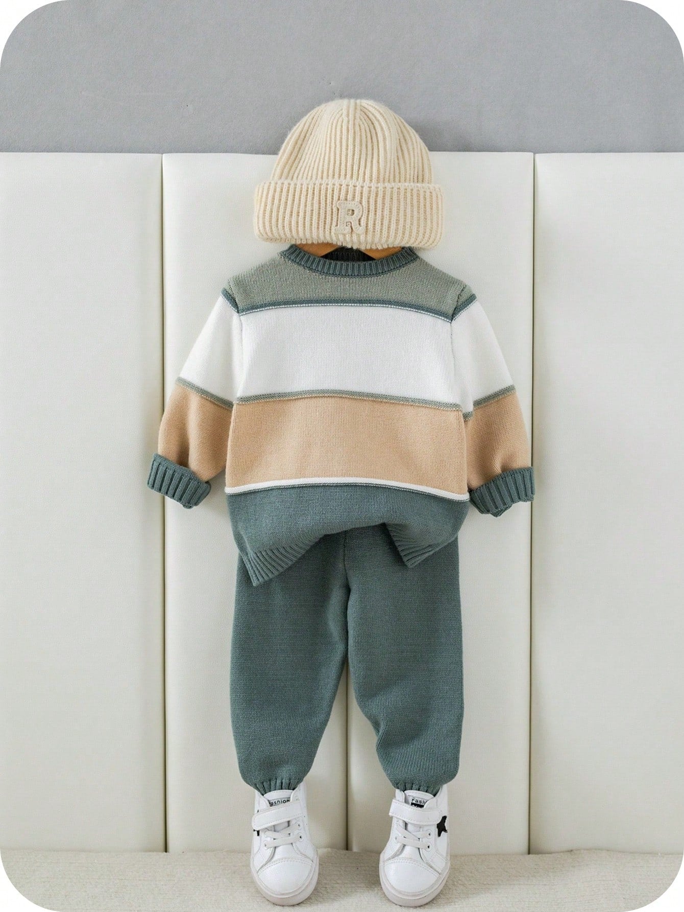 2pcs/Set Baby Boy/Girl Green And White Striped Sweater Top&Pants Outfit,Autumn Modest Matching Family Casual Dropped Shoulder Ribbed Cuff Clothes