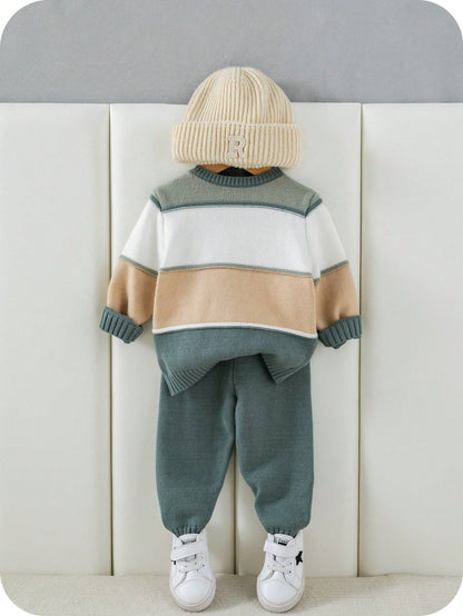 2pcs/Set Baby Boy/Girl Green And White Striped Sweater Top&Pants Outfit,Autumn Modest Matching Family Casual Dropped Shoulder Ribbed Cuff Clothes