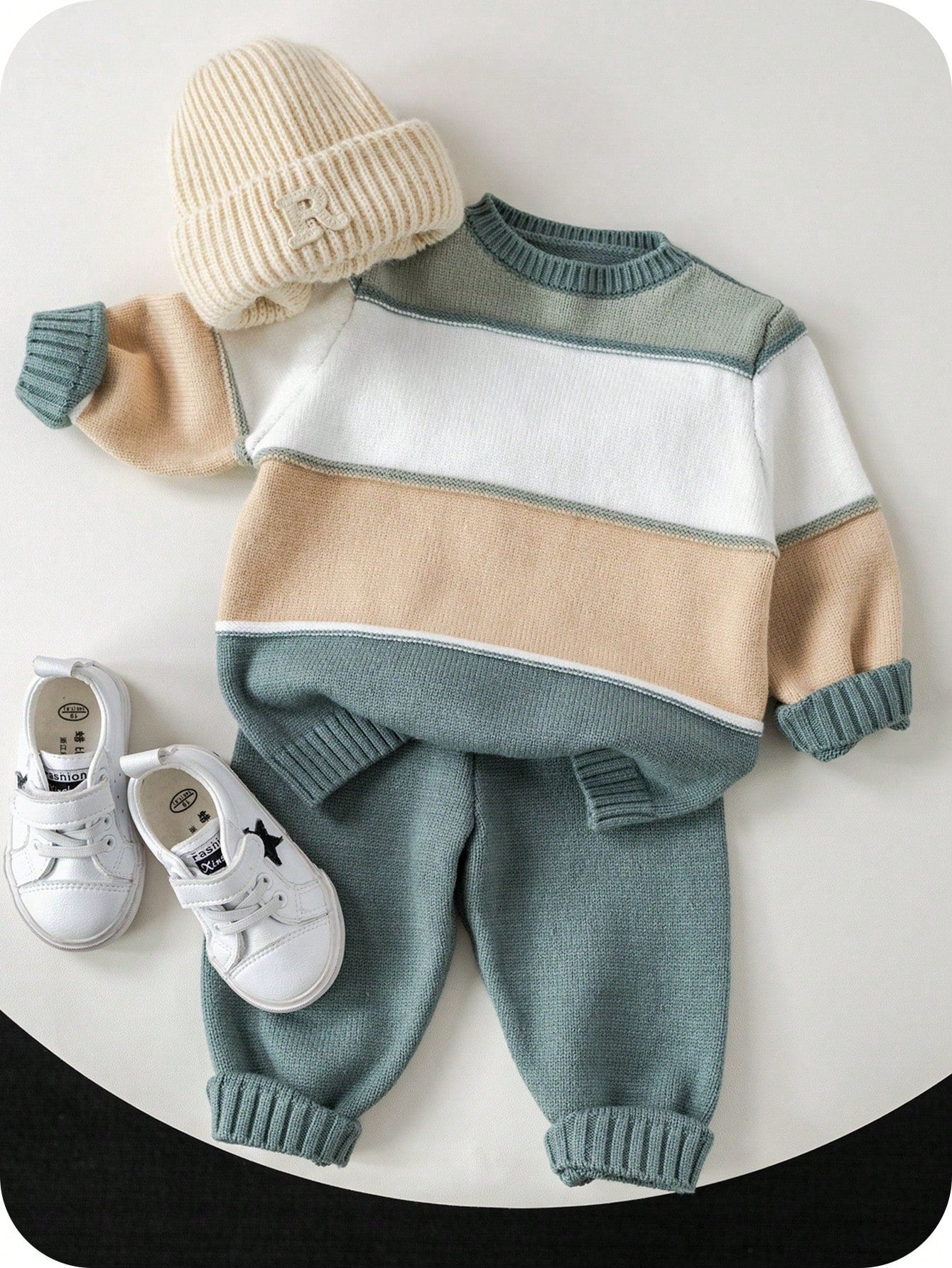 2pcs/Set Baby Boy/Girl Green And White Striped Sweater Top&Pants Outfit,Autumn Modest Matching Family Casual Dropped Shoulder Ribbed Cuff Clothes