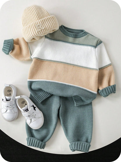 2pcs/Set Baby Boy/Girl Green And White Striped Sweater Top&Pants Outfit,Autumn Modest Matching Family Casual Dropped Shoulder Ribbed Cuff Clothes