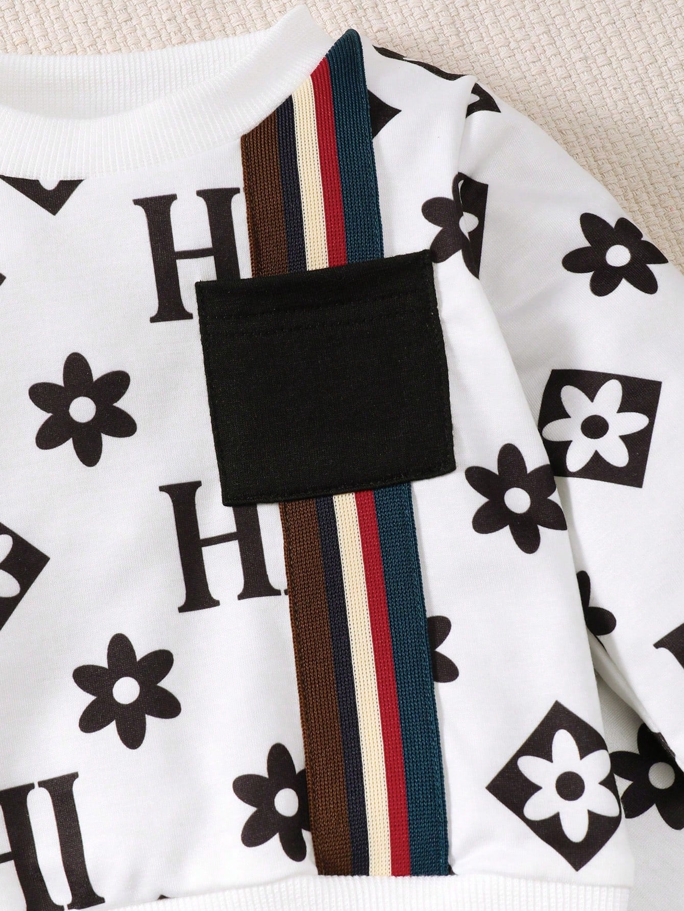 2pcs/Set Baby Boys Crew Neck Patchwork Ribbon Casual Long Sleeve Sweatshirt Outfit, Autumn/Winter