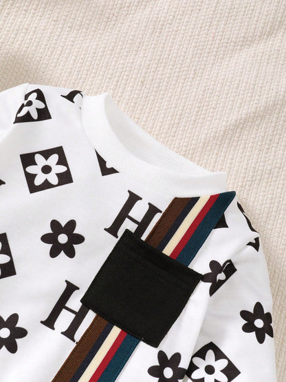 2pcs/Set Baby Boys Crew Neck Patchwork Ribbon Casual Long Sleeve Sweatshirt Outfit, Autumn/Winter