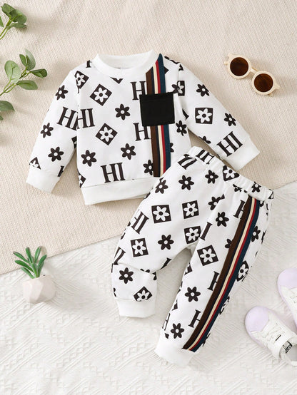 2pcs/Set Baby Boys Crew Neck Patchwork Ribbon Casual Long Sleeve Sweatshirt Outfit, Autumn/Winter