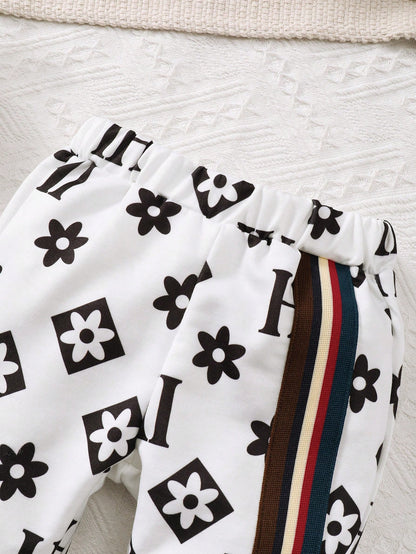 2pcs/Set Baby Boys Crew Neck Patchwork Ribbon Casual Long Sleeve Sweatshirt Outfit, Autumn/Winter
