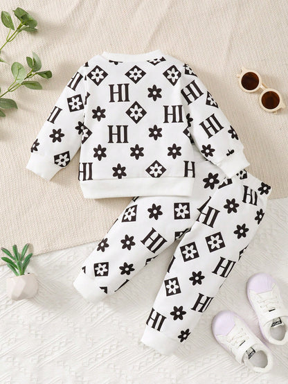 2pcs/Set Baby Boys Crew Neck Patchwork Ribbon Casual Long Sleeve Sweatshirt Outfit, Autumn/Winter