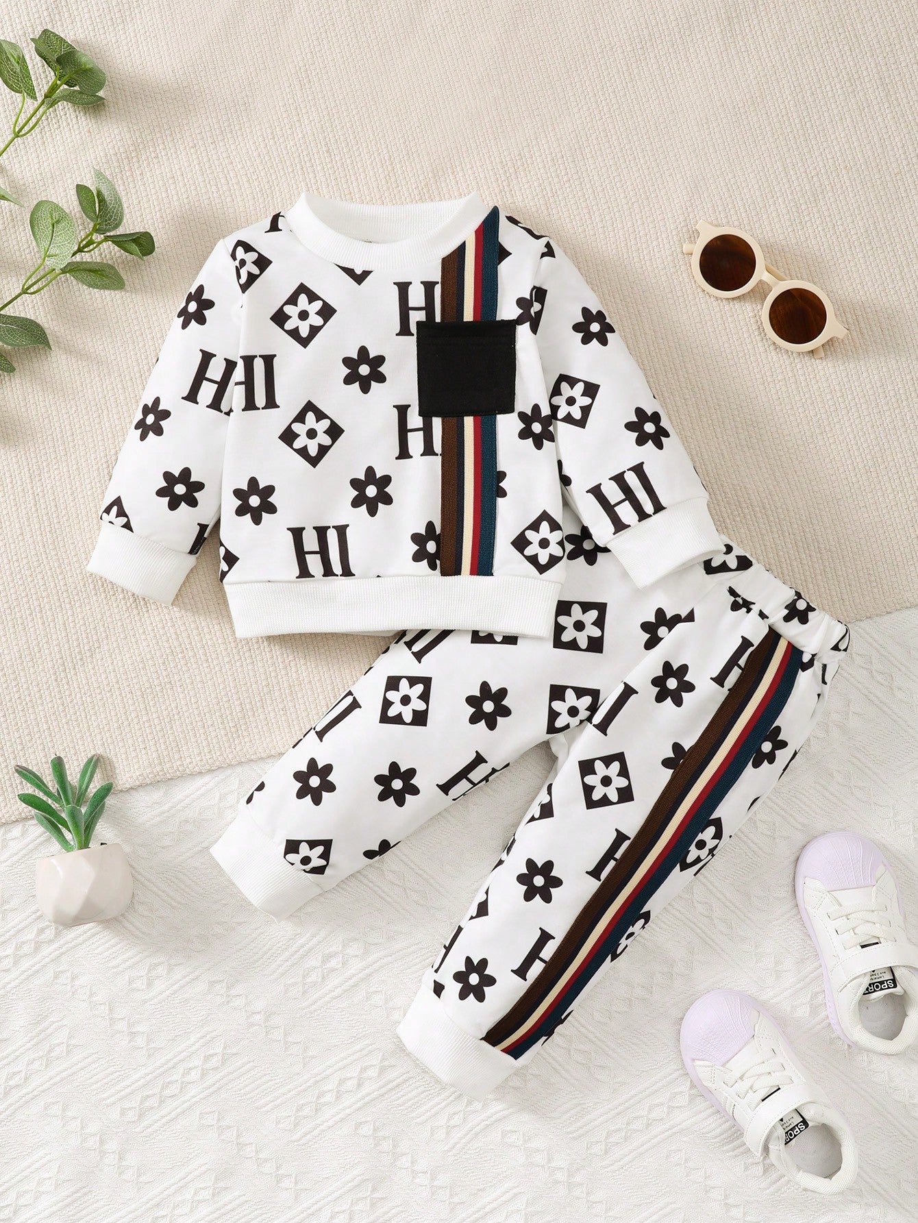 2pcs/Set Baby Boys Crew Neck Patchwork Ribbon Casual Long Sleeve Sweatshirt Outfit, Autumn/Winter