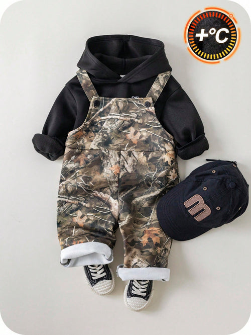 2pcs/Set Baby Boys Thermal Hoodie & Camouflage Bib Winter Pants Outfit,Green Camo,Autumn,Street Life Casual Graphic Street Fashion,Club Clothes