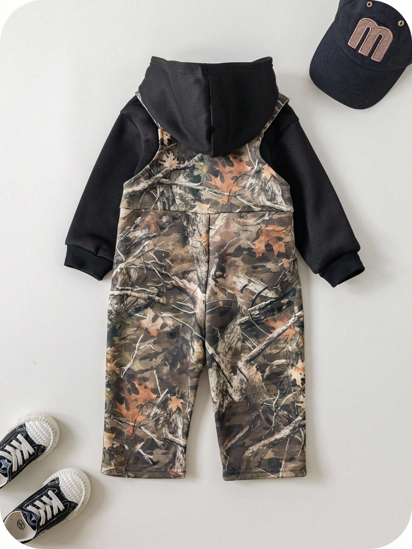2pcs/Set Baby Boys Thermal Hoodie & Camouflage Bib Winter Pants Outfit,Green Camo,Autumn,Street Life Casual Graphic Street Fashion,Club Clothes