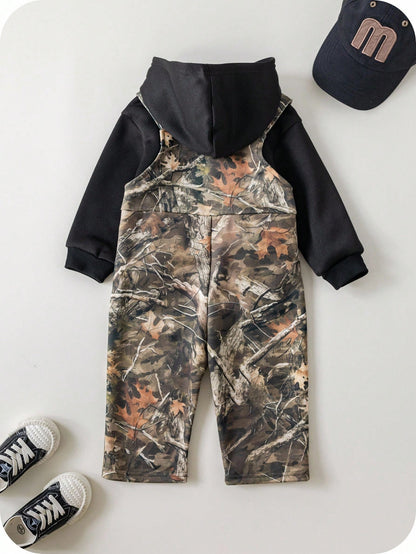 2pcs/Set Baby Boys Thermal Hoodie & Camouflage Bib Winter Pants Outfit,Green Camo,Autumn,Street Life Casual Graphic Street Fashion,Club Clothes