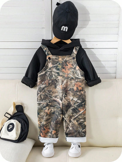 2pcs/Set Baby Boys Thermal Hoodie & Camouflage Bib Winter Pants Outfit,Green Camo,Autumn,Street Life Casual Graphic Street Fashion,Club Clothes