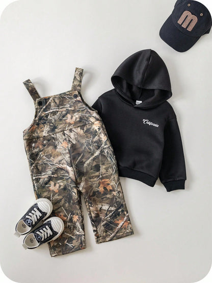 2pcs/Set Baby Boys Thermal Hoodie & Camouflage Bib Winter Pants Outfit,Green Camo,Autumn,Street Life Casual Graphic Street Fashion,Club Clothes