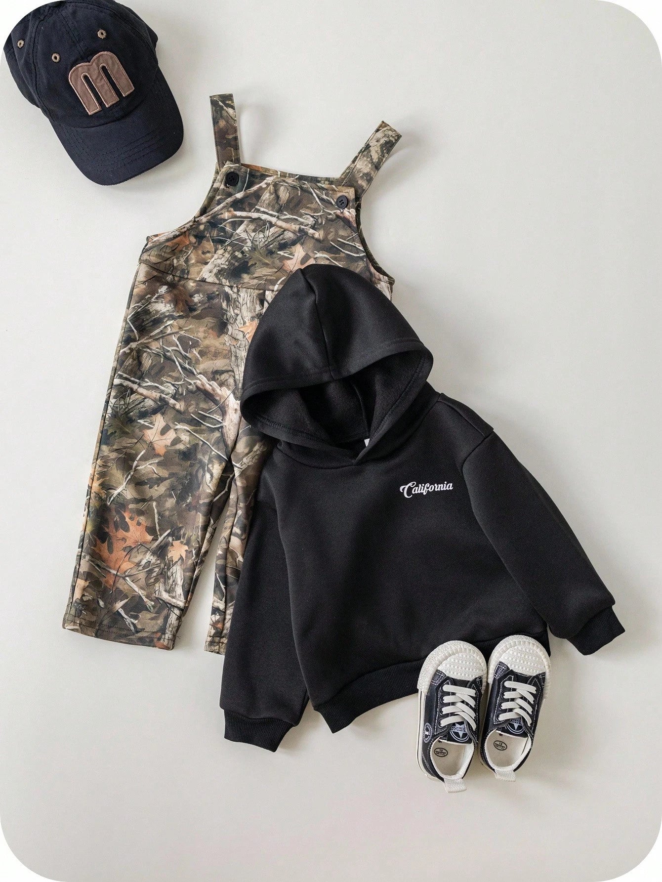 2pcs/Set Baby Boys Thermal Hoodie & Camouflage Bib Winter Pants Outfit,Green Camo,Autumn,Street Life Casual Graphic Street Fashion,Club Clothes