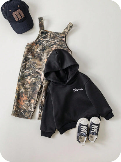 2pcs/Set Baby Boys Thermal Hoodie & Camouflage Bib Winter Pants Outfit,Green Camo,Autumn,Street Life Casual Graphic Street Fashion,Club Clothes