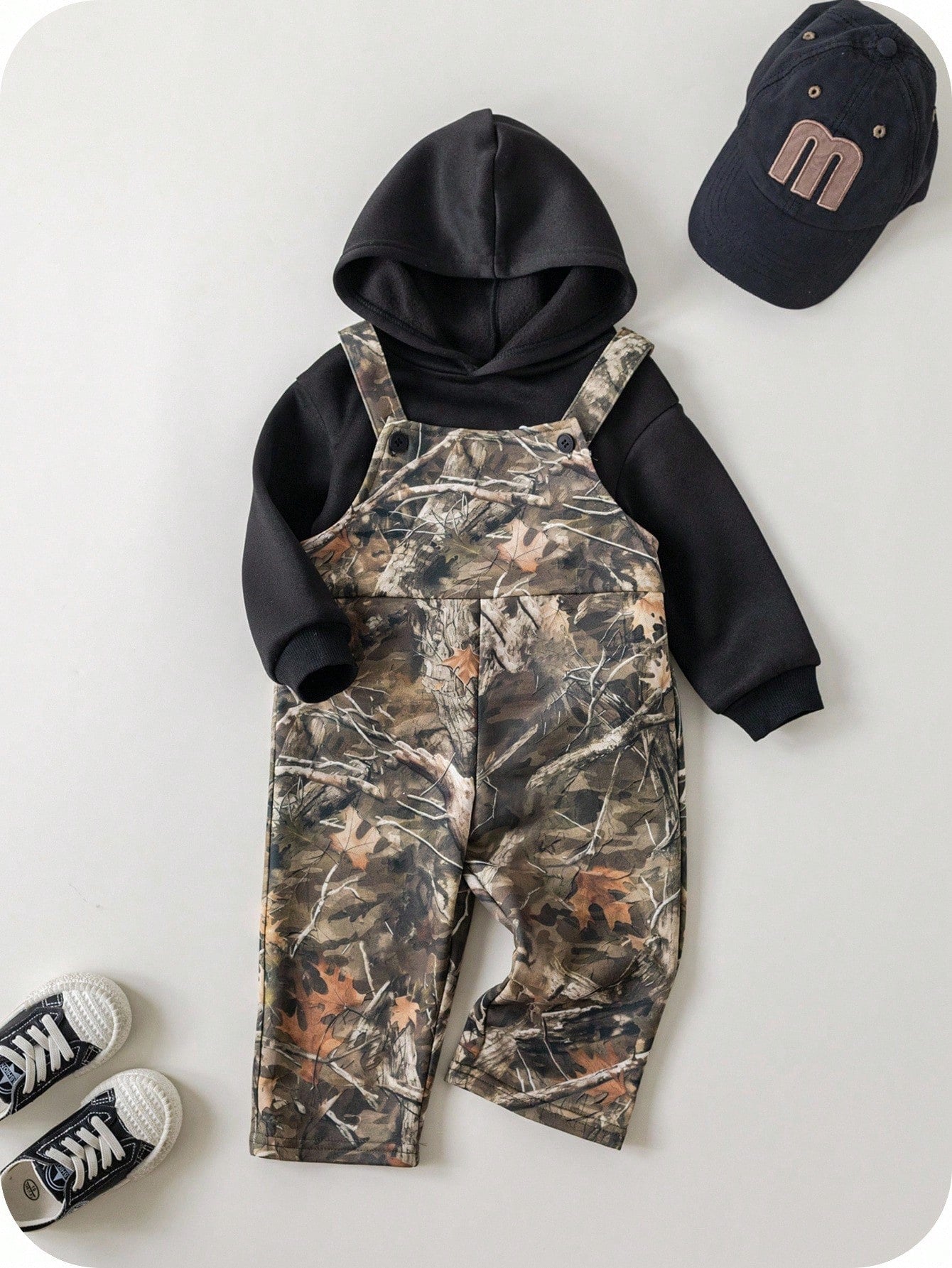 2pcs/Set Baby Boys Thermal Hoodie & Camouflage Bib Winter Pants Outfit,Green Camo,Autumn,Street Life Casual Graphic Street Fashion,Club Clothes