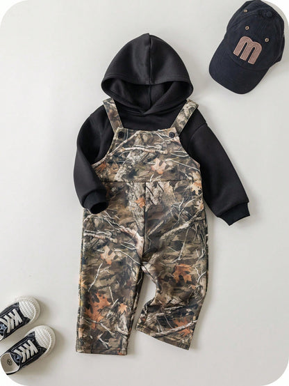 2pcs/Set Baby Boys Thermal Hoodie & Camouflage Bib Winter Pants Outfit,Green Camo,Autumn,Street Life Casual Graphic Street Fashion,Club Clothes