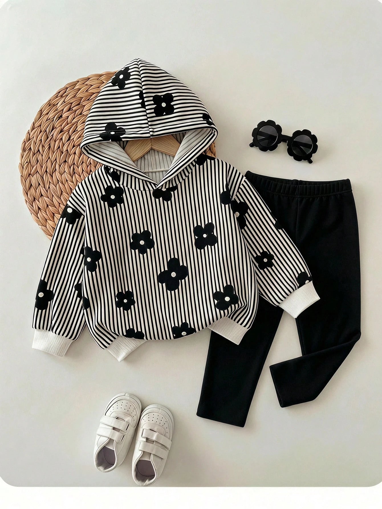 2pcs Set, Baby Girl Casual Minimalist Cute Polka Dot & Floral Print, Black & White Contrast Color, Vintage Style, Loose Hooded Sweatshirt & Elastic Waist Long Pants Set, Suitable For Autumn/Winter Coz