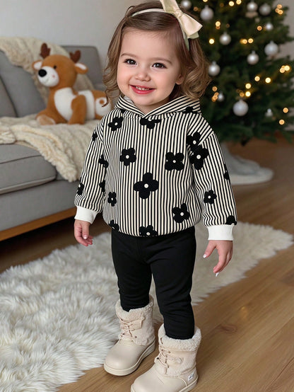 2pcs Set, Baby Girl Casual Minimalist Cute Polka Dot & Floral Print, Black & White Contrast Color, Vintage Style, Loose Hooded Sweatshirt & Elastic Waist Long Pants Set, Suitable For Autumn/Winter Coz