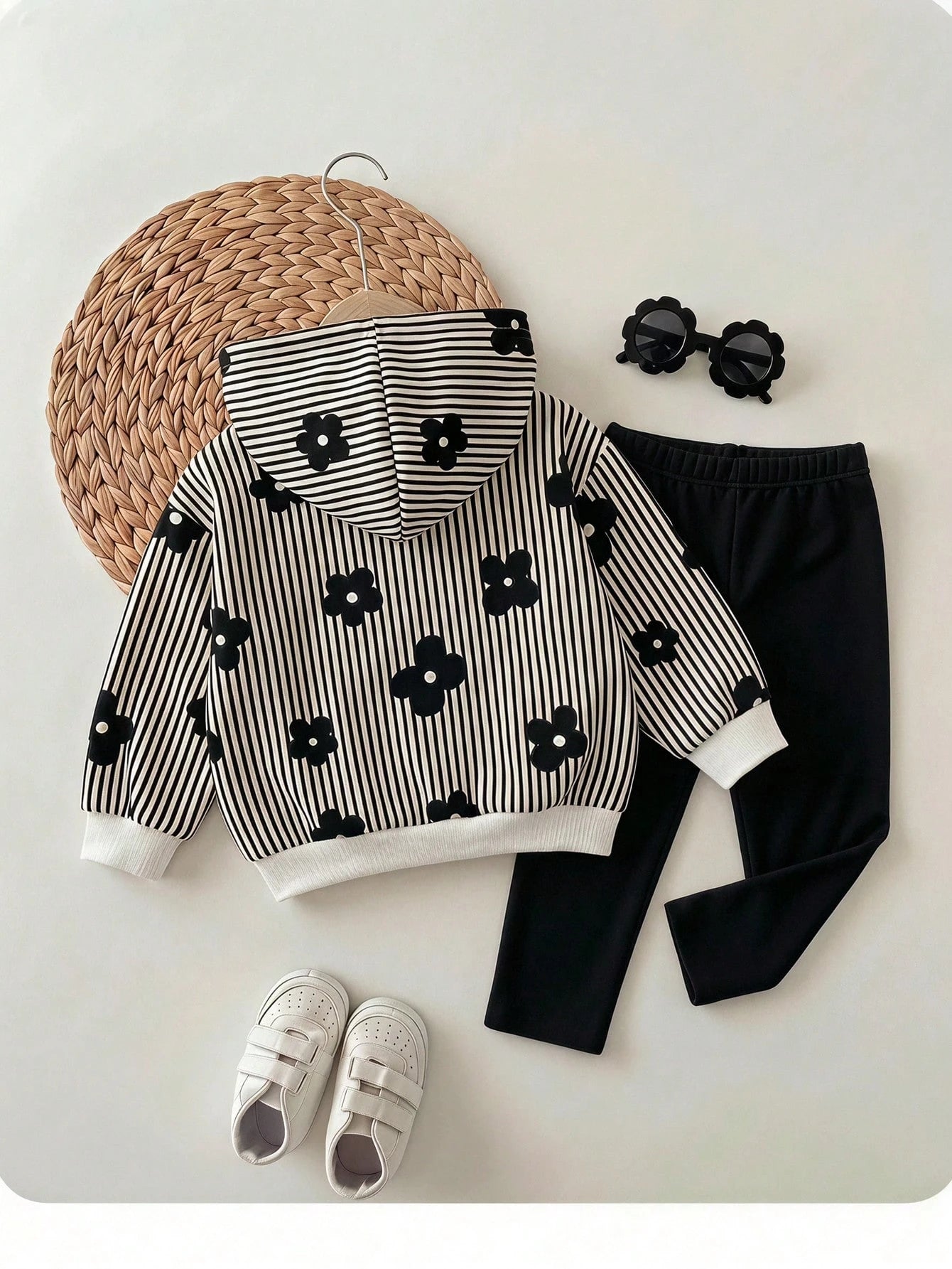 2pcs Set, Baby Girl Casual Minimalist Cute Polka Dot & Floral Print, Black & White Contrast Color, Vintage Style, Loose Hooded Sweatshirt & Elastic Waist Long Pants Set, Suitable For Autumn/Winter Coz