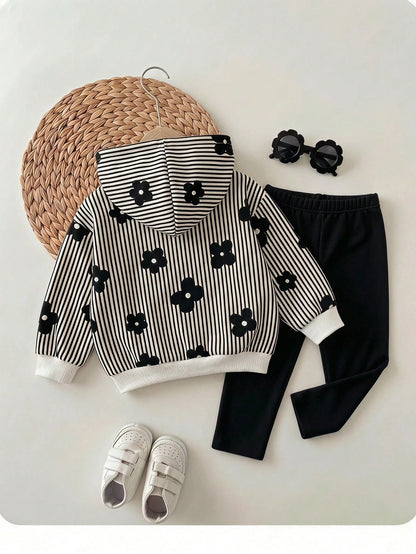 2pcs Set, Baby Girl Casual Minimalist Cute Polka Dot & Floral Print, Black & White Contrast Color, Vintage Style, Loose Hooded Sweatshirt & Elastic Waist Long Pants Set, Suitable For Autumn/Winter Coz