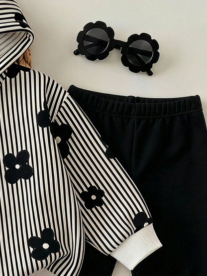 2pcs Set, Baby Girl Casual Minimalist Cute Polka Dot & Floral Print, Black & White Contrast Color, Vintage Style, Loose Hooded Sweatshirt & Elastic Waist Long Pants Set, Suitable For Autumn/Winter Coz