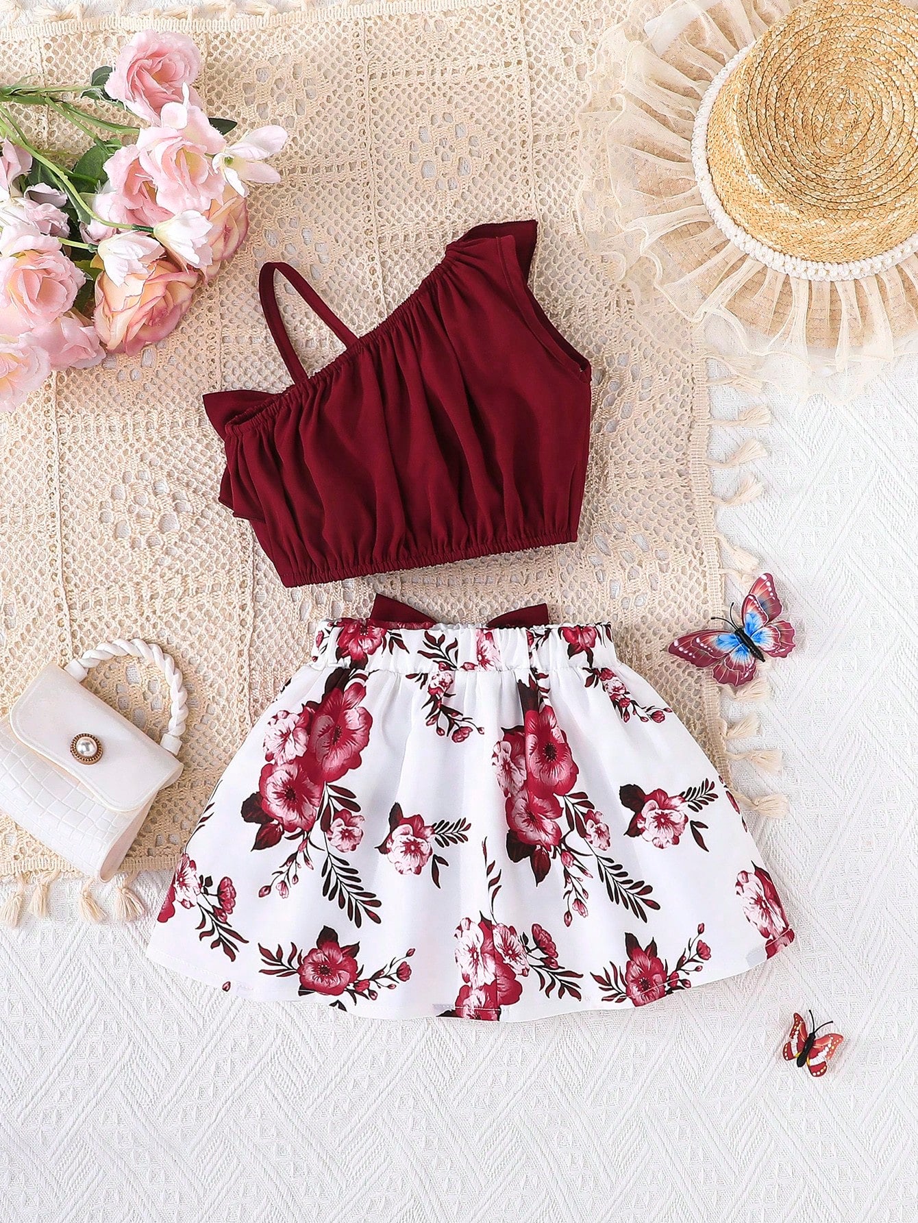 2pcs/Set Baby Girl Fashion Cute Solid Color Asymmetric-Shoulder Camisole Top Paired With Butterfly & Flower Pattern Skirt, Summer Daily Outings & Vacation New Arrival