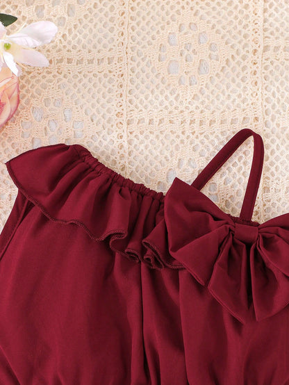 2pcs/Set Baby Girl Fashion Cute Solid Color Asymmetric-Shoulder Camisole Top Paired With Butterfly & Flower Pattern Skirt, Summer Daily Outings & Vacation New Arrival