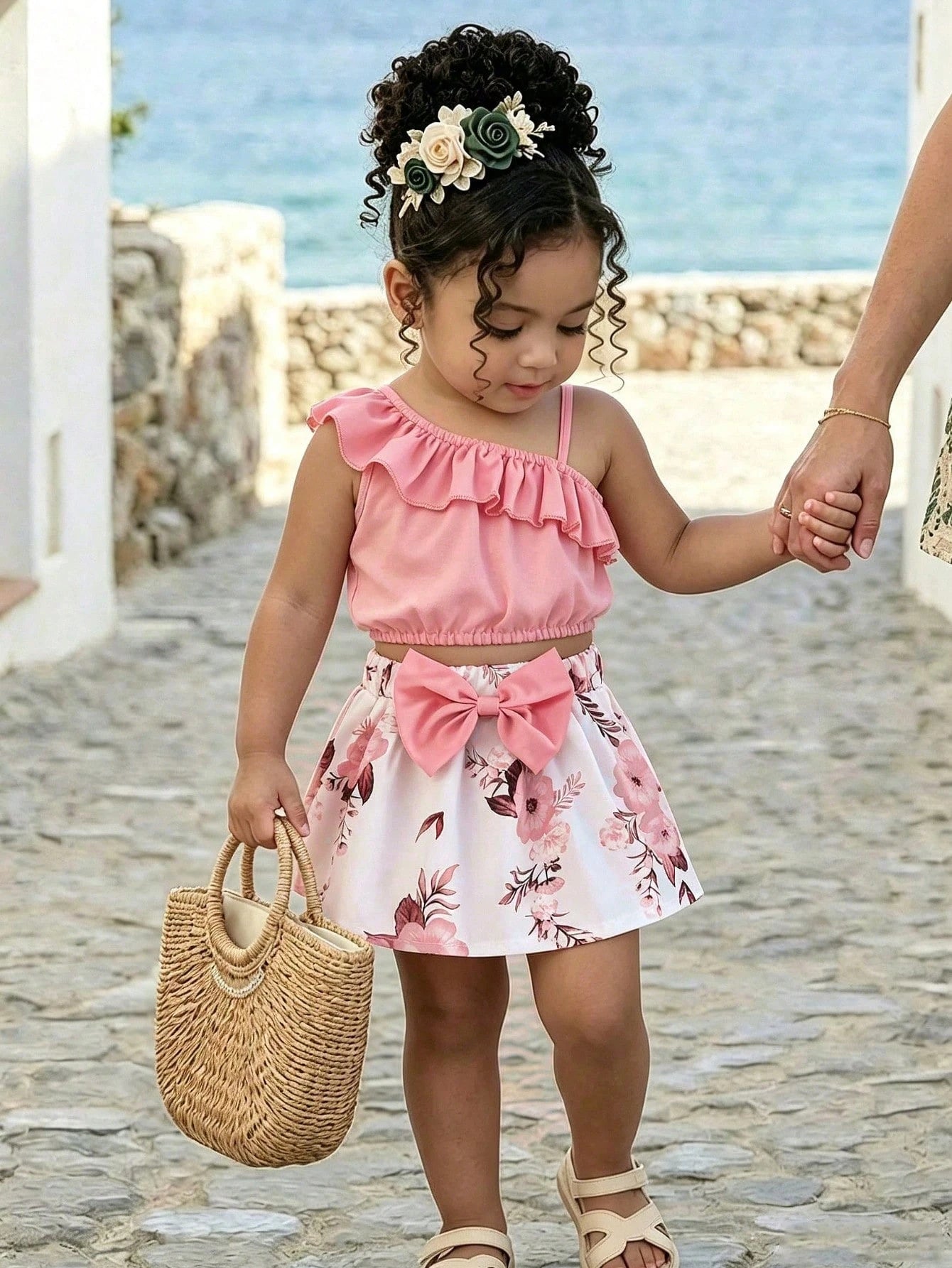 2pcs/Set Baby Girl Fashion Cute Solid Color Asymmetric-Shoulder Camisole Top Paired With Butterfly & Flower Pattern Skirt, Summer Daily Outings & Vacation New Arrival