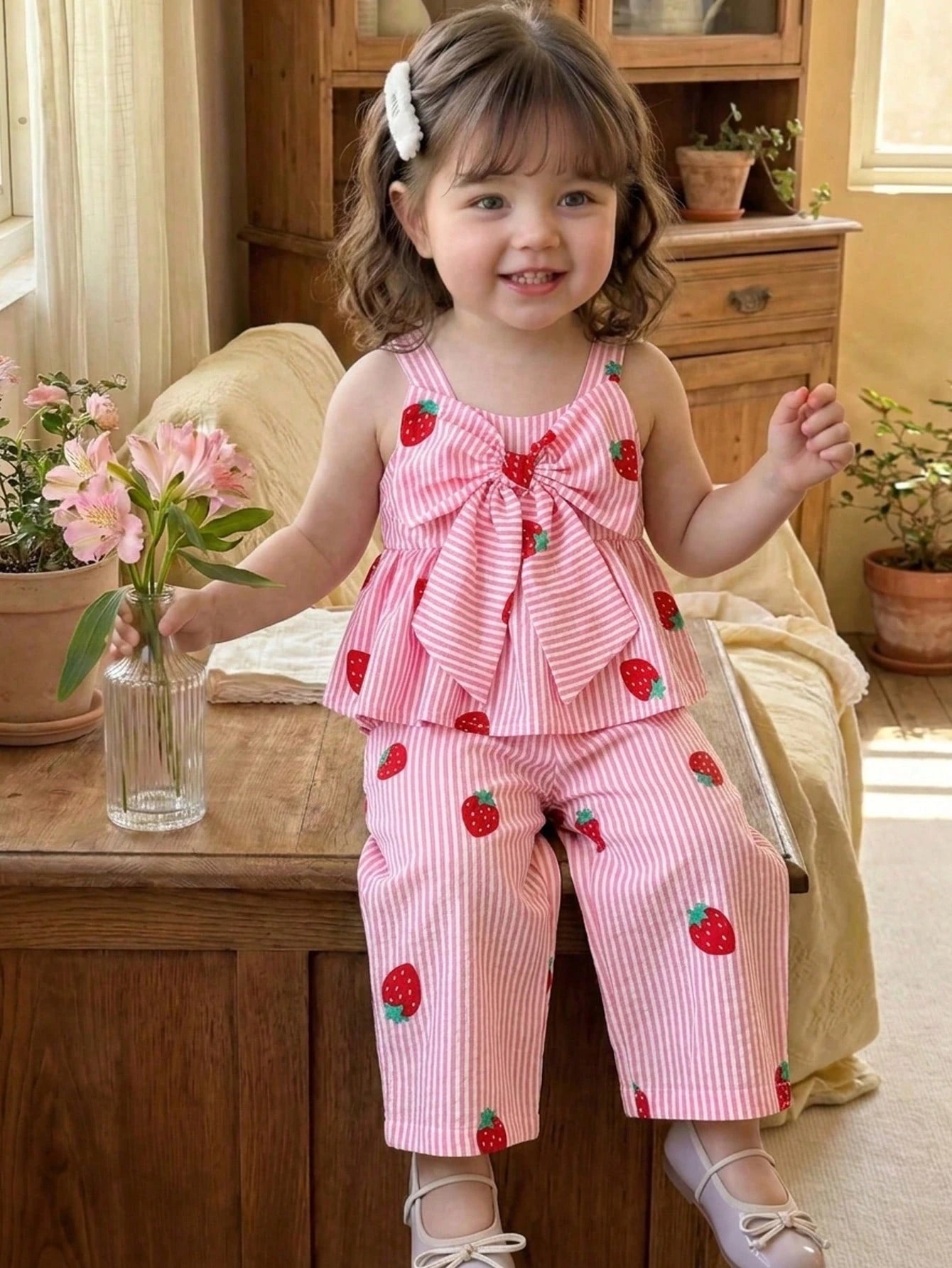 2pcs/Set Baby Girls' Sweet Cute Blue And White Stripe Strawberry Print Bow Decor Sleeveless Top & Wide Leg Pants Set Summer Vacation Casual Outfits