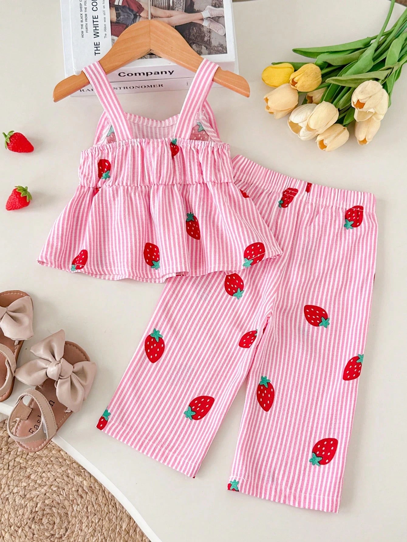 2pcs/Set Baby Girls' Sweet Cute Blue And White Stripe Strawberry Print Bow Decor Sleeveless Top & Wide Leg Pants Set Summer Vacation Casual Outfits